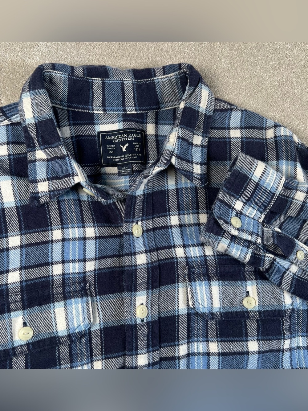American Eagle Flannel 100% Cotton‎ Plaid Blue Pockets Button Up Casual Men's Lg